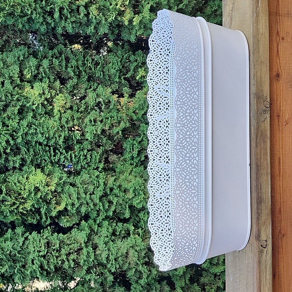 White pierced metal lace edge hanging flower planter